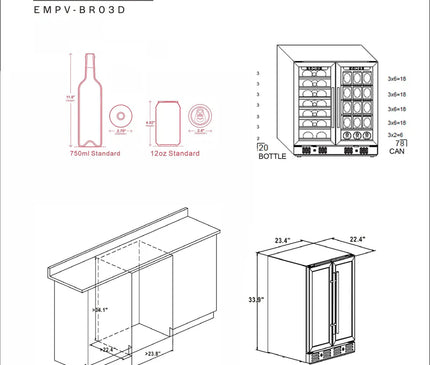 Empava 24 inch Dual Zone Wine and Beer Fridge Beverage Cooler EMPV-BR03D