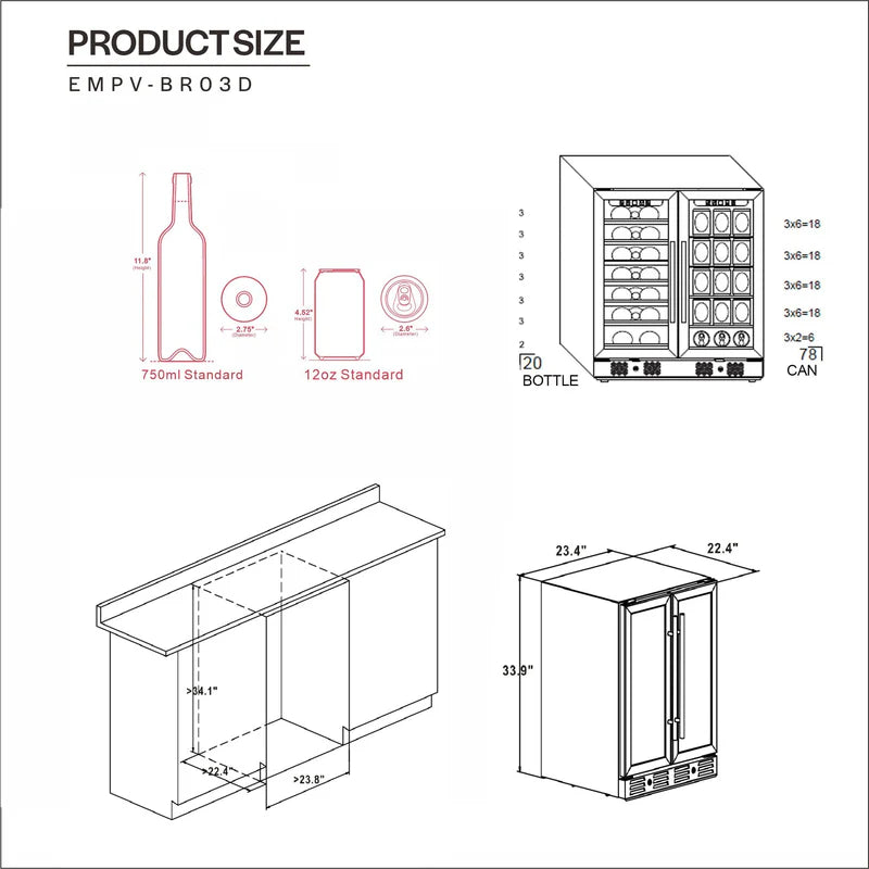 Empava 24 inch Dual Zone Wine and Beer Fridge Beverage Cooler EMPV-BR03D